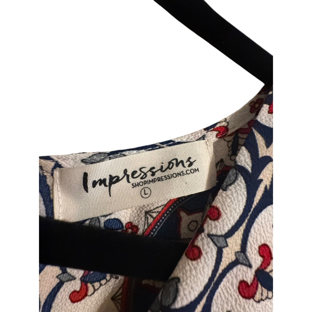 Impressions Medallion Print Maxi Dress Blue Red Ruffle Bell Sleeve Large Boho - Picture 5 of 12